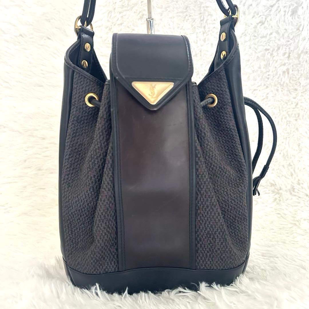 YVES SAINT LAURENT Canvas Leather Shoulder Bag Brown Black Drawstring Tassel thumbnail 20