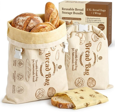 3 Pack Cotton Beeswax Bread Bags for Sourdough - 2XL Organic Reusable with Bees