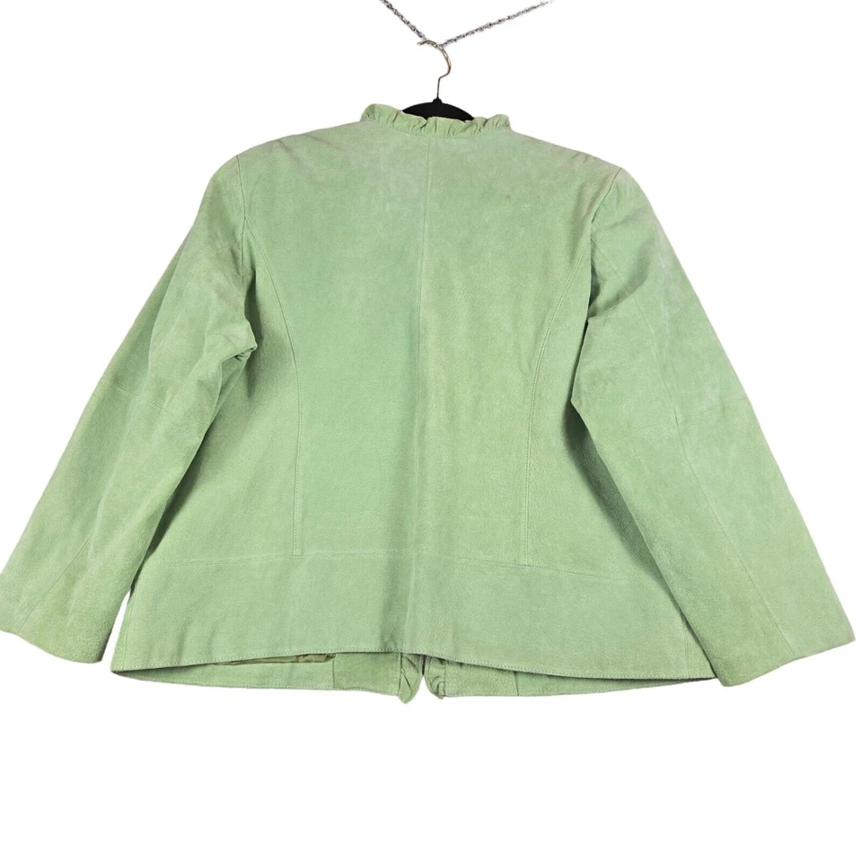 Brandon Thomas Womens 14/16 Suede Leather Jacket Green Open Front Ruffle - Image 3 of 4