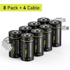 8-Pack Rechargeable Lithium C Batteries with 2 in 1 USB-C Charge Cable C Cell