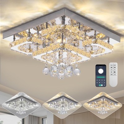 18'' Crystal Flush Mount Chandelier with Remote/App Control, Modern Ceiling Li...