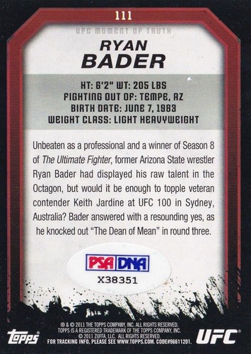 Ryan Bader Signed 2011 Topps UFC Moment of Truth Card #111 PSA/DNA COA Autograph - Picture 3 of 24
