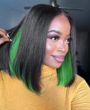 Short Straight Bob Wig Green with Black Highlight 4x2 Lace Front Fashion Party