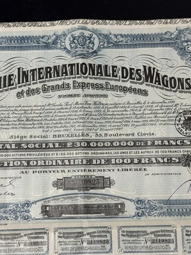 Compagnie Internationale Wagons Antique 100 Franks Bond Stock Share Certificate - Picture 3 of 20