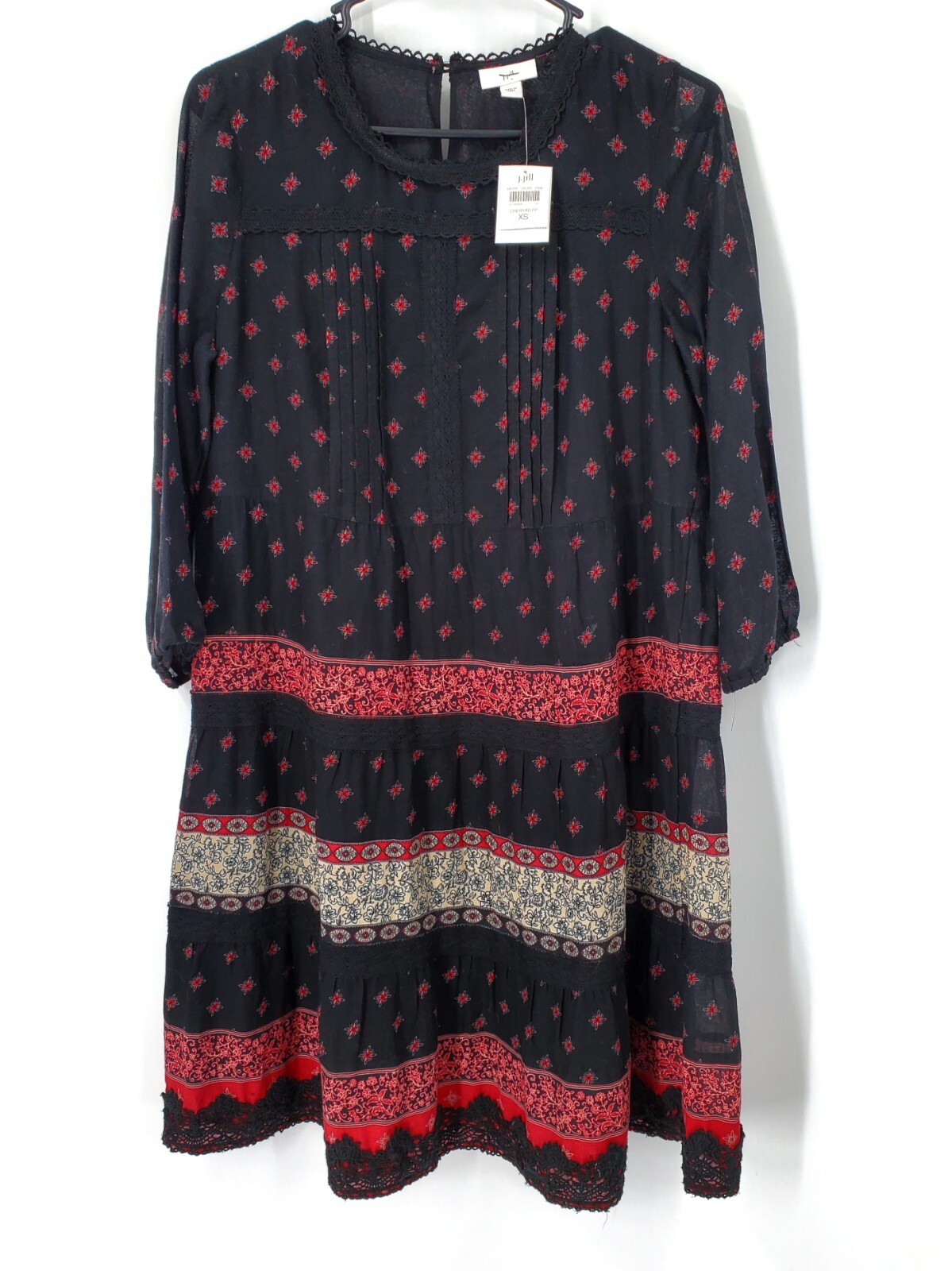 J.+Jill+Peasant+Dress+Size+S+Cherry+Black+32F4+Sleeve+Short+Hem+Lace+Trim+Boho for sale online