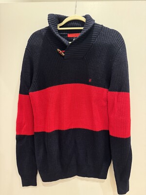 Carolina Herrera Navy Red Shawl Collar Wood Tooth Bone Wool Sweater  (Medium)