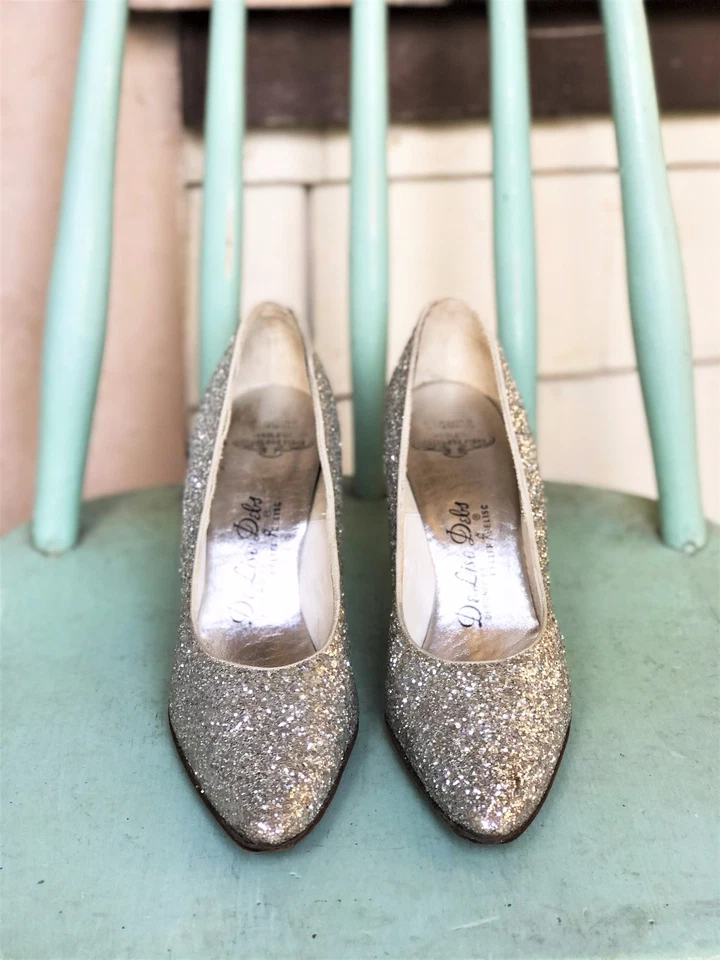 20 世纪 50 年代复古银色 SPARKLE PARTY HEELS 鞋 PUMPS DE LISO DEBS 7 节日 — 第 2/4 张图片