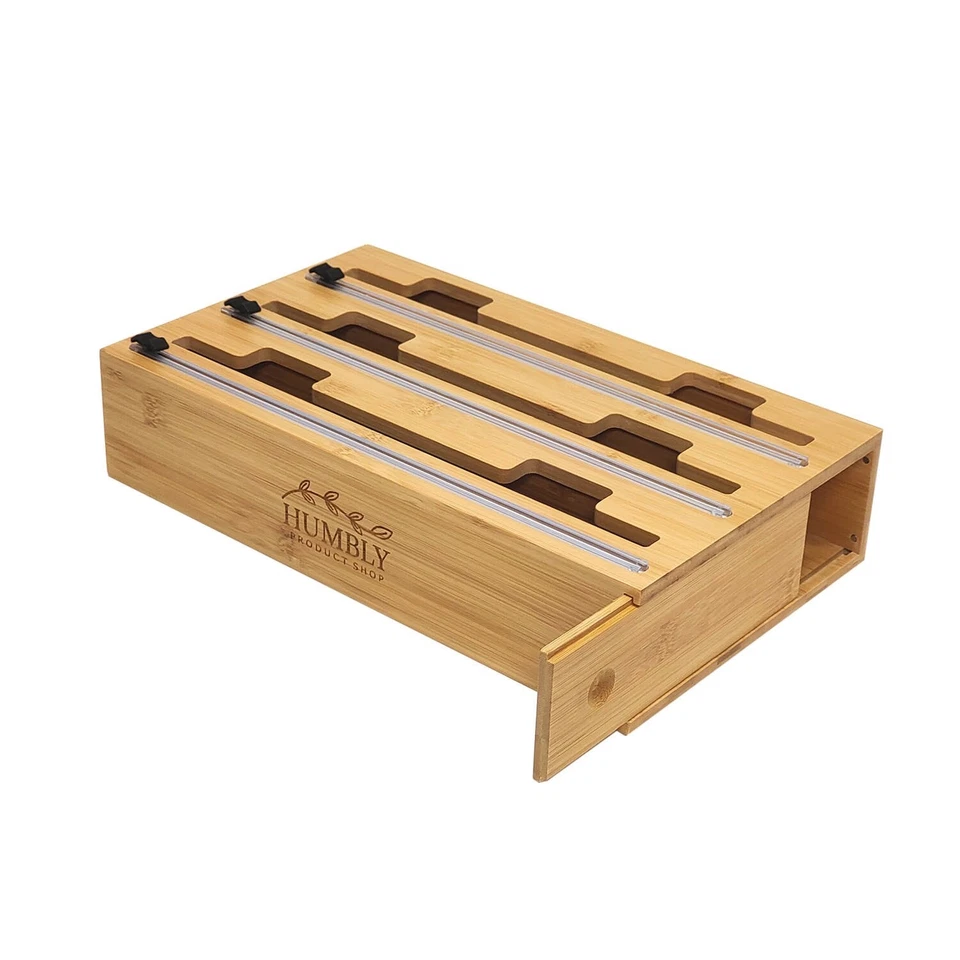 Organizador de envolturas de papel de aluminio y plástico, dispensador de envolturas de bambú 3 en 1 con cortador Foto 3 de 4