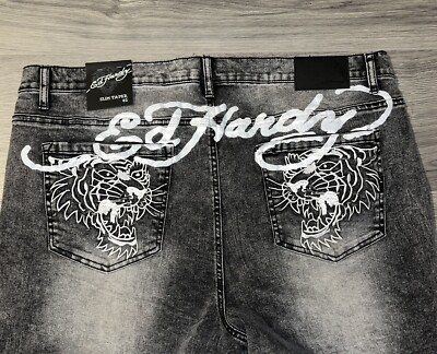 Ed Hardy Slim Tapered Embroidered Roaring Tiger Distressed Jeans Mens Sz 42x30