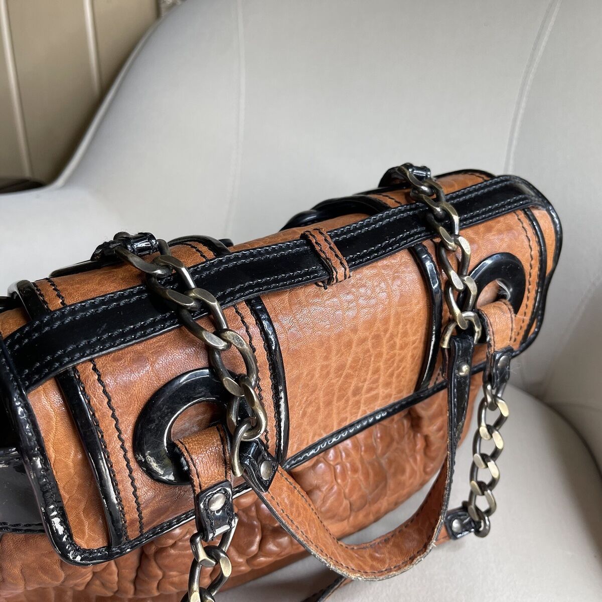 Fendi B Bag Camel And Black Patent Leather Satchel Purse Fendi B Bag Camel And Black Patent Leather Satchel Purse