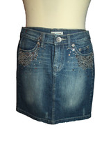 JUPE COURTE JEANS  °°°  JAUNE ROUGE °°° TAILLE M . EFFET USE GRIFFE+SEQUINS