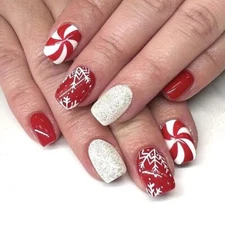 24Pcs Christmas Press on Nails Short Square Snowflake Fake Nails Red xmas snow