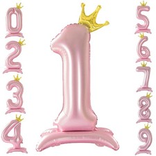 42 Inch Crown Pink Number Balloon, Number 1 Balloon with Base for Girls 1th B...