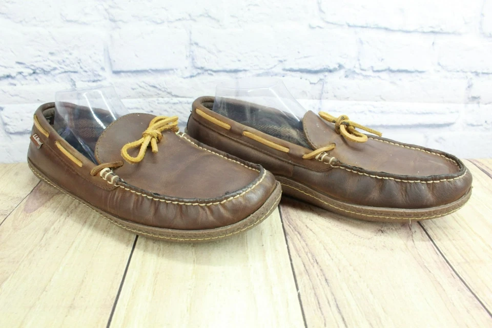 Zapatillas LL Bean para hombre de cuero marrón forradas de franela estilo clásico cosidas a mano 11 M Foto 3 de 4