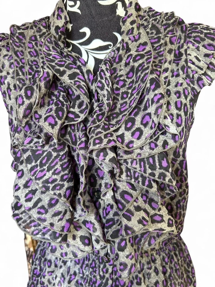 Blusa feminina Y2K vintage Miley Cyrus malha transparente botão para baixo estampa de leopardo GG  - Imagem 2 de 4