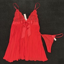 Victoria Secret Red Pleated Babydoll Chemise Thong Set Lingerie L Valentine NWT