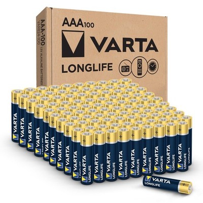 Varta Longlife AAA Batteries (100 Pack), Alkaline Triple Standard, Multicolor 