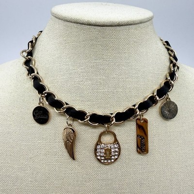 GUESS Gold Tone Black Ribbon Charm Necklace Rhinestone Padlock Angel Wing Logo