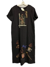 Vintage IF Shift Maxi Dress Coffee Designs Latte Cafe Cappuccino Sz Large