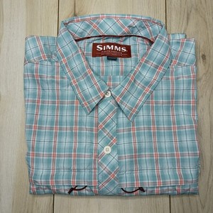 Simms Fishing Shirt Men's 2XL Breathable Lightweight Blue Plaid Zip Pockets
