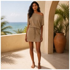 Enza Costa Short Sleeve French Terry Mini Dress Lg Taupe Blouson Resortwear USA