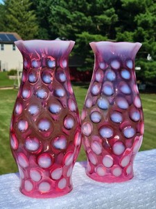 Fenton Cranberry Opalescent Coin Dot Hurricane Candle Lamp Shades Pair Both Nice