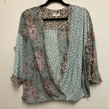 Umgee Ruffle Chiffon Sleeve Top Sz M Mix Media Floral Animal Print Bohemian 