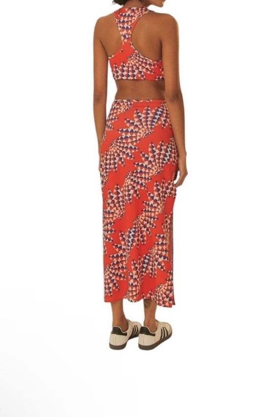 ADIDAS X FARM RIO 高级连衣裙女式大号亮红色幸福橙色镂空 — 第 3/4 张图片