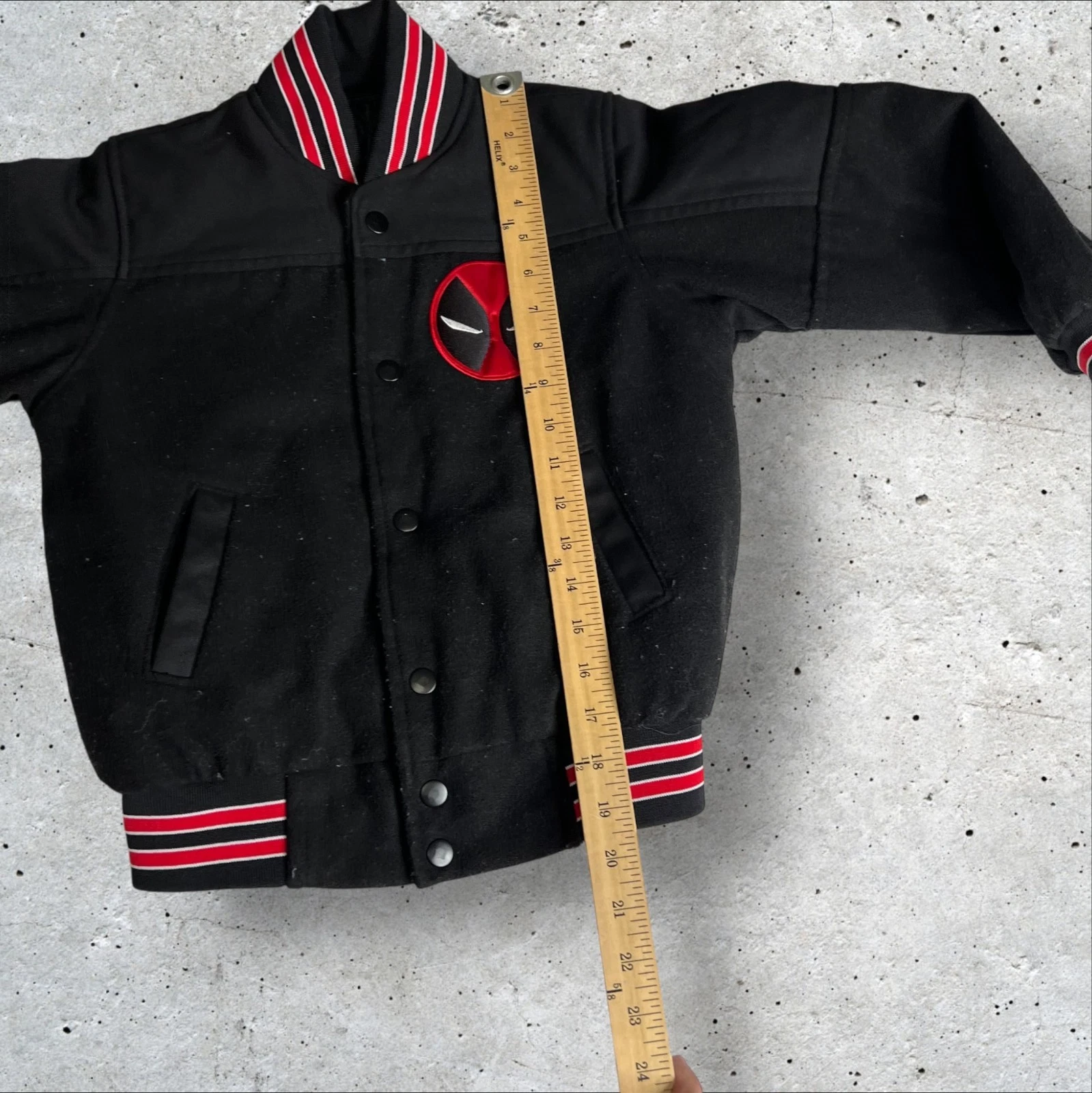 Kids Marvel Deadpool Men's Varsity Style Jacket Red Black Snap Button Up Size S