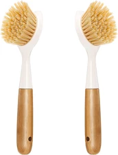 2 Pack Kitchen Dish Brush Bamboo Handle Dish Scrubber Built-In Scraper, Scrub Br
