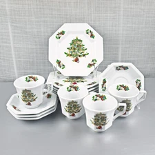 (7) Fairfield PEACE ON EARTH Salad Plates + (4) Footed Cup & Saucer Sets