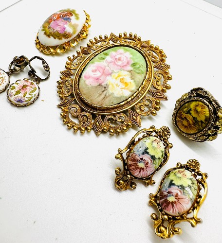 Lote De Colección 5 Piezas Firmado Limoges Pintado A Mano Porcelana Broche FLORENZA Pendientes Etc. - Imagen 17 de 18