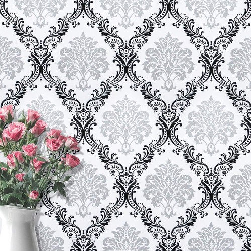 Elegant Black & White Damascus Peel and Stick Wallpaper - 78.7'' x 17.7'' - Picture 3 of 10