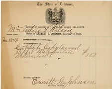 1919 Delaware State Secretary Signed Billhead Everett C. Johnson Legislator