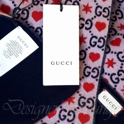 NEW GUCCI GG HEARTS & STARS Violet Navy Red Wool Long Scarf