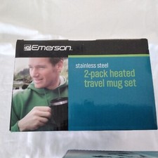 Emerson Black Stainless Steel 2Pack Heated Travel Mug Set 12V Auto Power Adapter