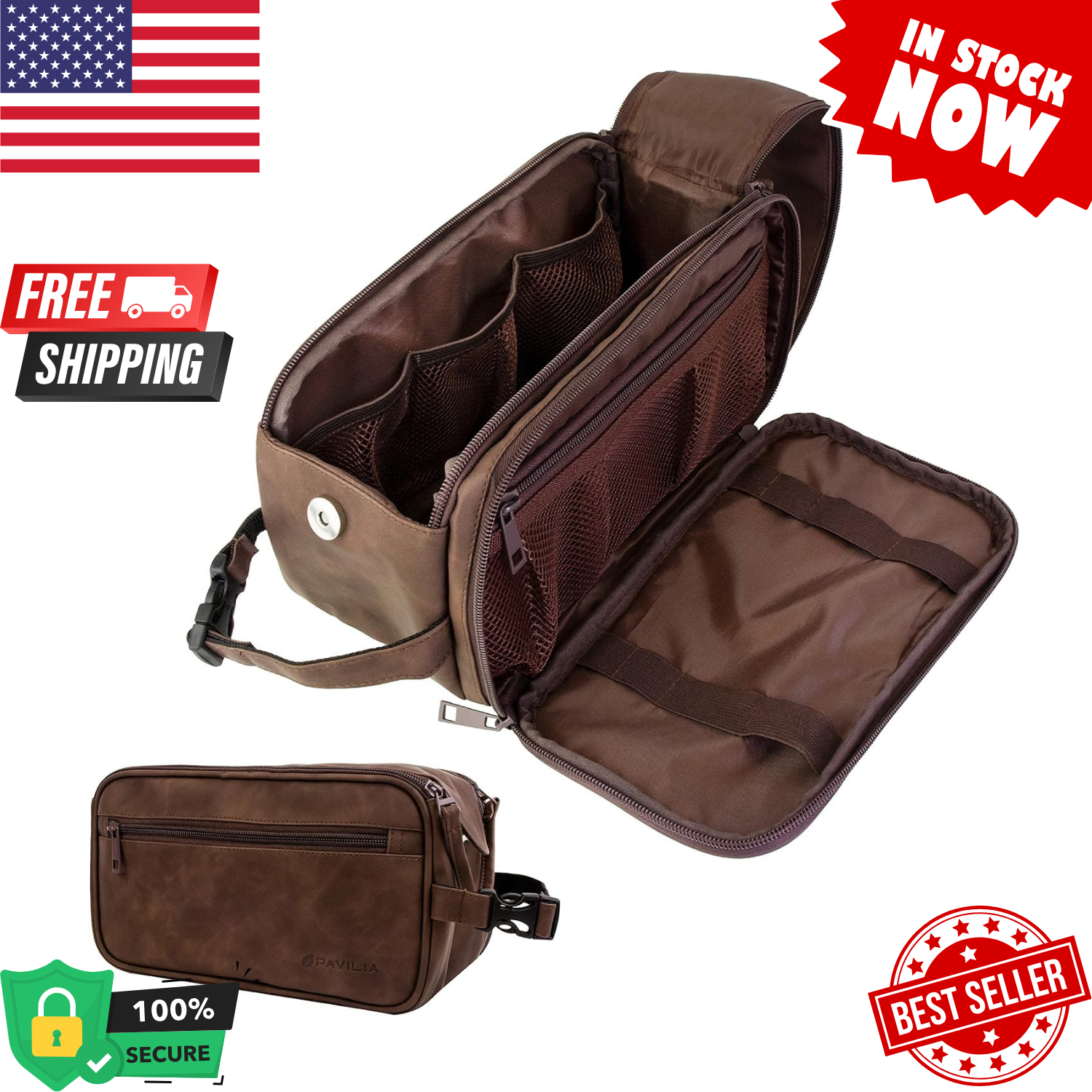 Men's PU Leather Water-Resistant Travel Toiletry Bag - Shaving Dopp Kit-image