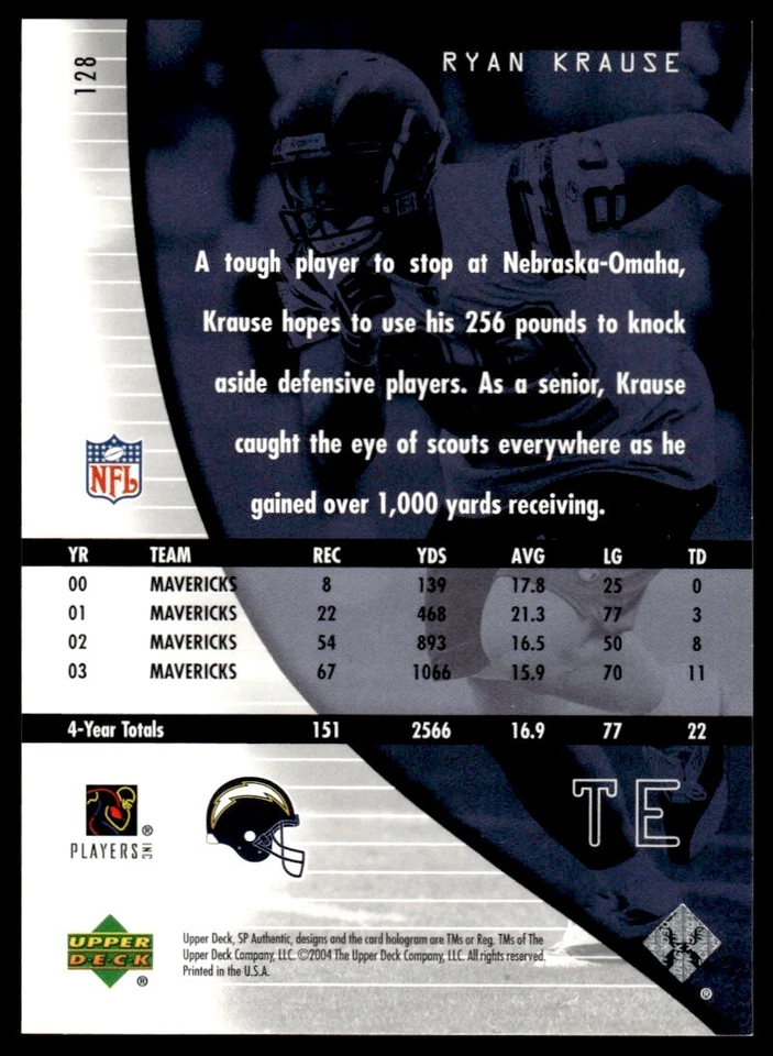2004 SP Authentic Ryan Krause Rookie 0898/1199 San Diego Chargers #128 R41 - Image 2 of 2