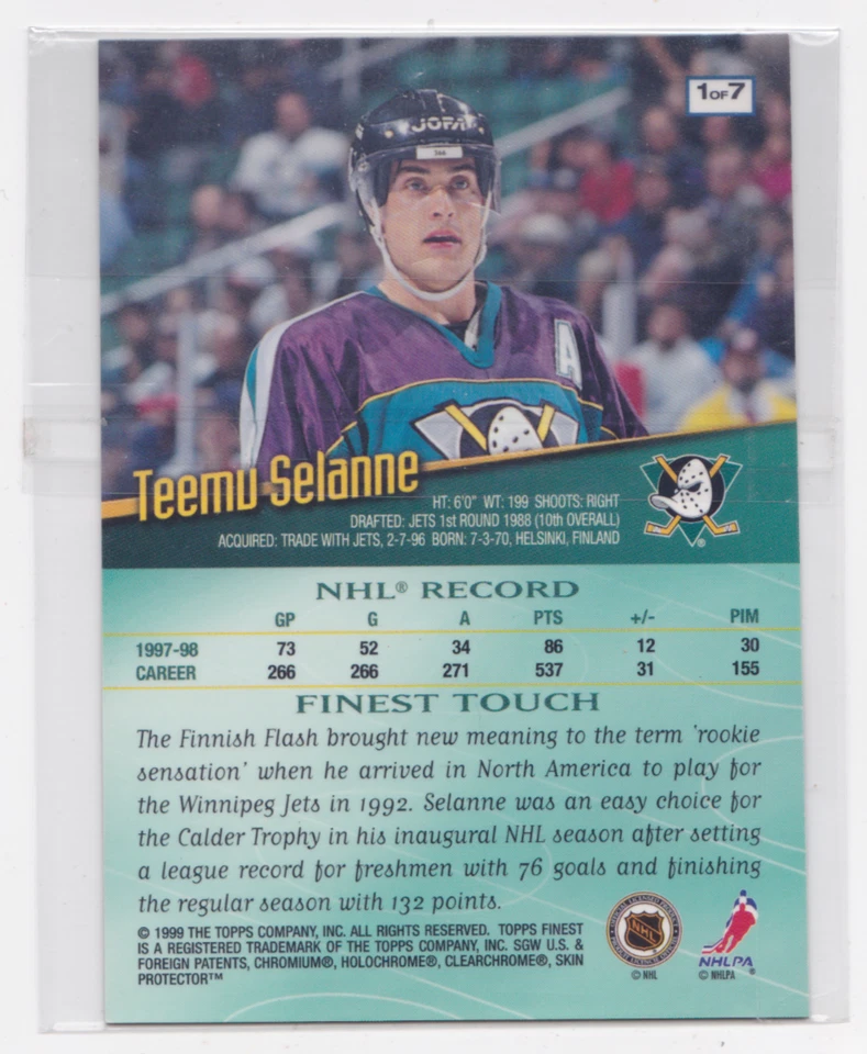 1998-99 TOPPS FINEST OVERSIZED REFRACTORS PARALLEL TEEMU SELANNE #1 of 7 DUCKS - Image 2 of 2