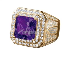 Amethyst Emerald Cut Gemstone With 925 Sterling Gold Plated Ring For Men's #B838