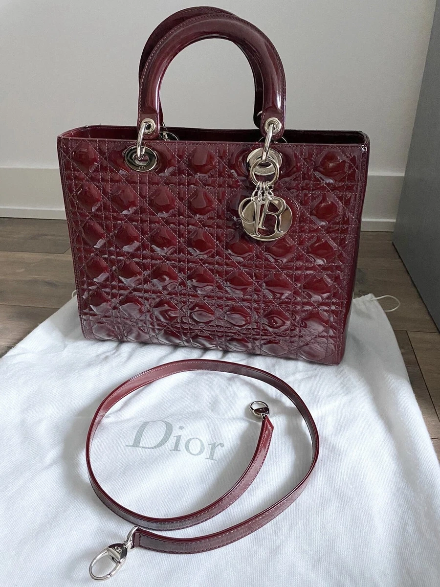 The Luxury Bargains Dior Burgundy patent Lady Dior with silver hardware bag Large size Used once like new with shoulder strap Selling price 2500you can pay in 3 #22 The Luxury Bargains Dior Burgundy patent Lady Dior with silver hardware bag Large size Used once like new with shoulder strap Selling price 2500you can pay in 3