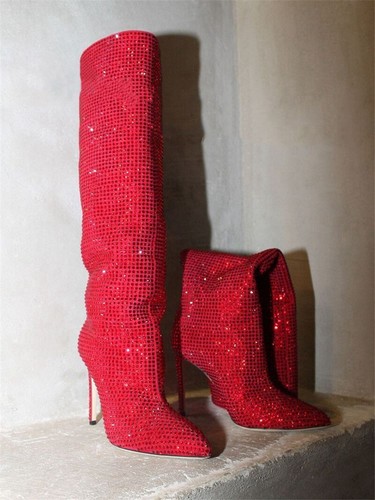 Womens Rhinestones Knee High Heel Boots Fashion Clubwear Long Glitter Shoes Lady - Picture 19 of 25