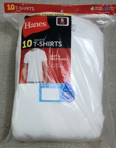 Men's Crew Neck T-Shirt S 34-36 Hanes Short Sleeve 10 Pack White Cotton Wicking