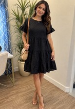 Boohoo Eyelet Mini Dress Size 6/M Black Tiered Prairie Ruffle Peasant Babydoll