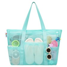 Mesh Beach Bag with Zipper, Blue Large Tote Waterproof Sandproof with 8 Pocke...