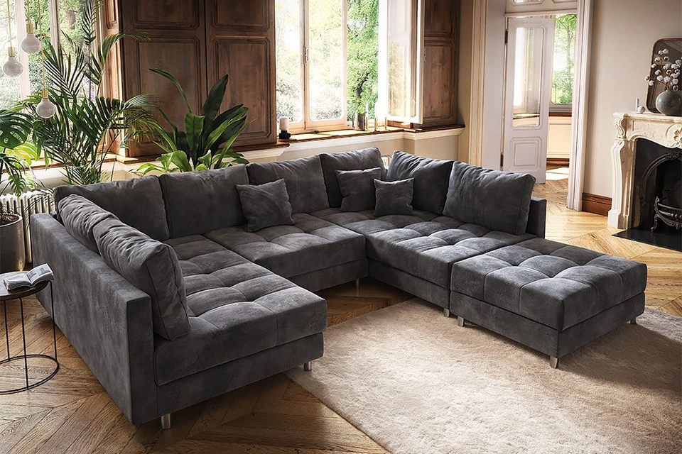 Moderne XXL Wohnlandschaft KENT 305cm grau Samt Bigsofa inkl. Hocker Federkern - Bild 2 von 4