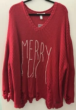 Peace Love World - Destructed Affirmation V-Neck Sweater - MERRY - Red NWT Sz 2X