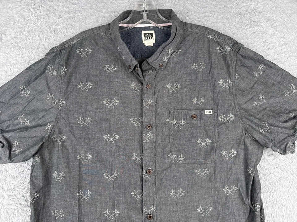 Reef Shirt Men Extra Large Gray Palm Trees Button Up Cotton Blend Hawaiian - Image 4 of 4