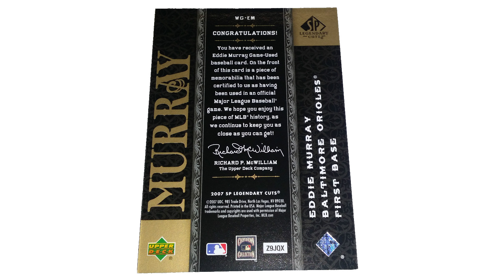 2007 SP Legendary Cuts When it Was A Game Eddie Murray Game Used Jersey Card view 3