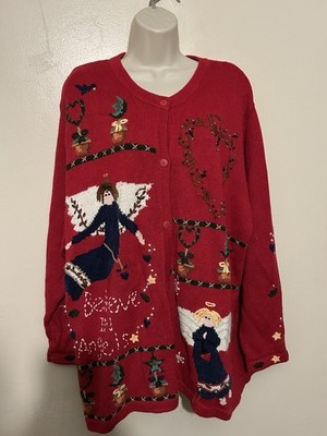 Quacker Factory Red Angel Angels Button UP Cardigan Sweater Size 2X